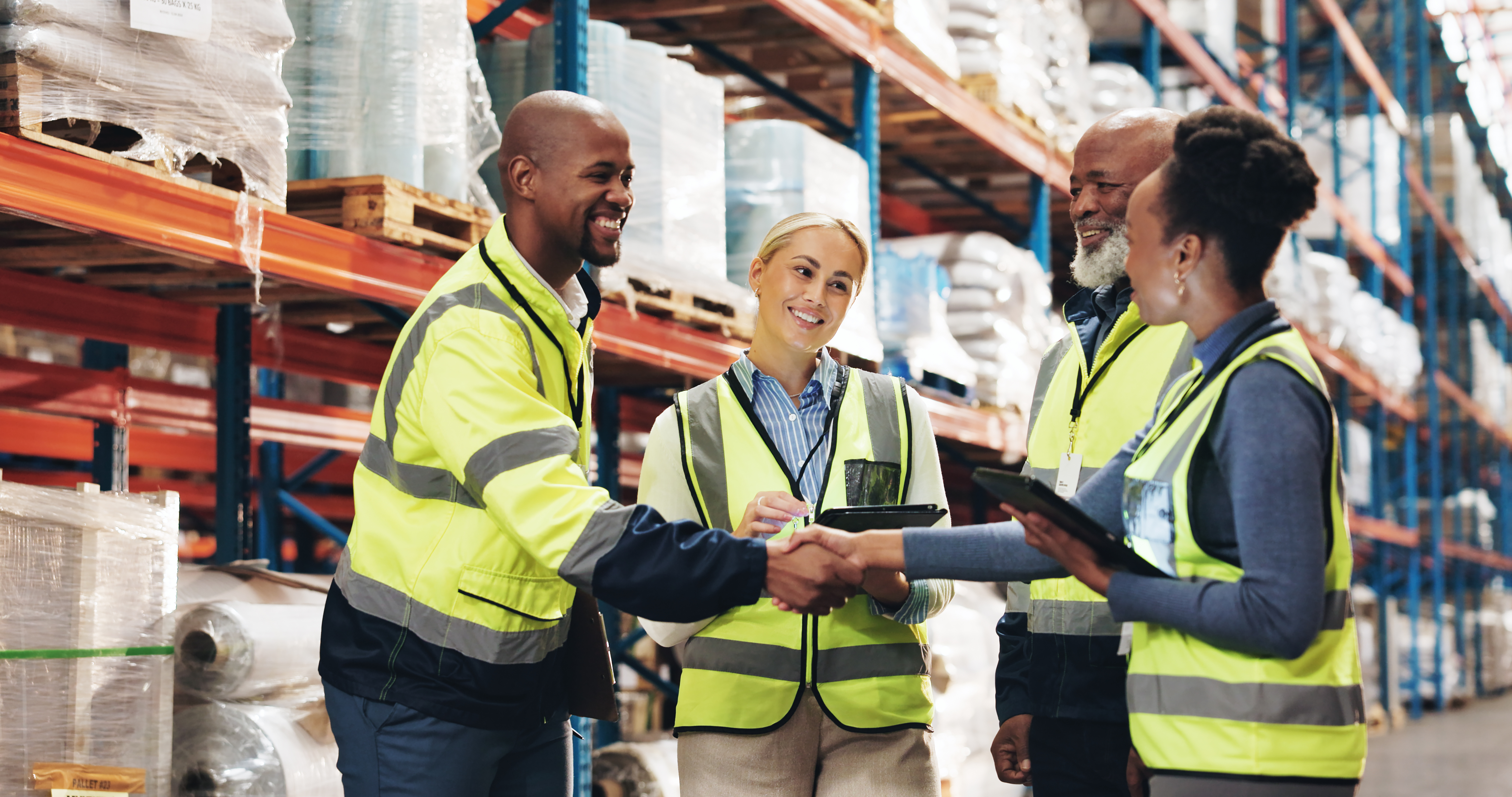 Quatre collaborateurs portant des gilets haute visibilité se saluent en se serrant la main dans un entrepôt, entre des rayonnages de marchandises stockées.