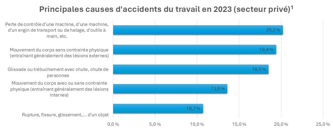 Graphique avec les causes principales d'accidents du travail en 2023 (secteur privé)